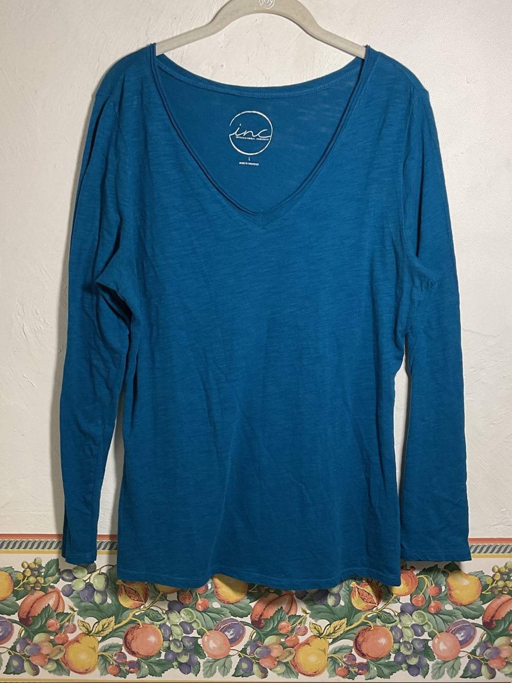 INC International Concepts Teal Blue V Neck Long Sleeve Slub Tee Top Size L